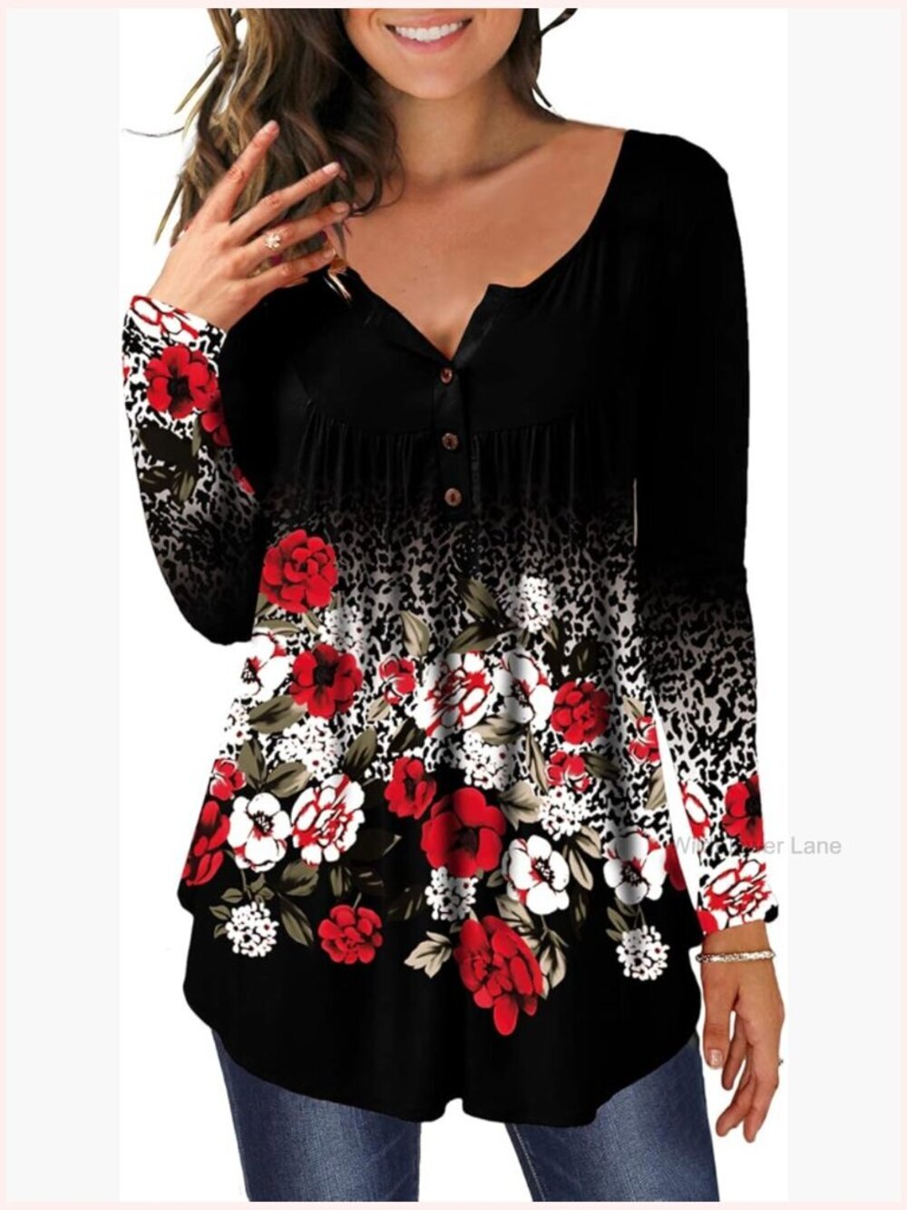 Floral Tunic Top V Neck Long Sleeve Button Down Blouse